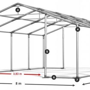 Professzionális  ipari raktársátor 8 × 8 m – 64 m², 560 g/m² PVC szürke  ponyvával, két nagyméretű bejárattal és megerősített horganyzott acélszerkezettel
