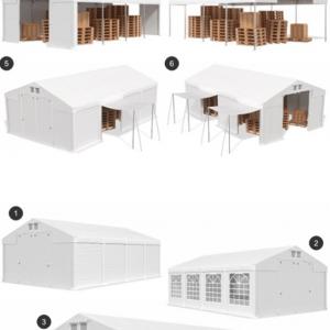Professzionális  ipari raktársátor 8 × 8 m – 64 m², 560 g/m² PVC szürke  ponyvával, két nagyméretű bejárattal és megerősített horganyzott acélszerkezettel