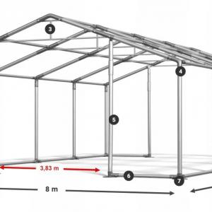 Professzionális  ipari raktársátor 8 × 8 m – 64 m², 560 g/m² PVC szürke  ponyvával, két nagyméretű bejárattal és megerősített horganyzott acélszerkezettel