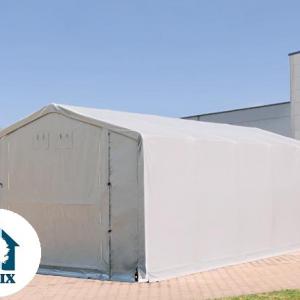 Professzionális ipari raktársátor PVC ponyvacsarnok 3×6 m, 18 m², 3,00 m oldalmagassággal, felhúzható kapuval és teljesen horganyzott acélvázzal – szürke