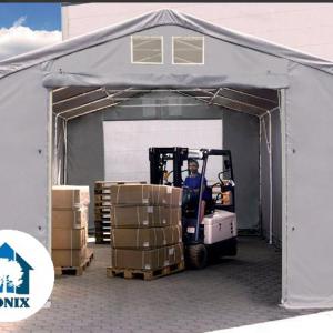 Professzionális ipari raktársátor PVC ponyvacsarnok 3×6 m, 18 m², 3,00 m oldalmagassággal, felhúzható kapuval és teljesen horganyzott acélvázzal – szürke