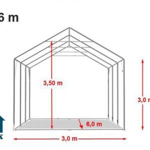 Professzionális ipari raktársátor PVC ponyvacsarnok 3×6 m, 18 m², 3,00 m oldalmagassággal, felhúzható kapuval és teljesen horganyzott acélvázzal – szürke