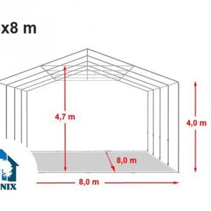 Professzionális ipari raktársátor, tárolósátor 8 × 8 m – 64 m², 4,00 m oldalmagassággal, felhúzható kapuval, erős szürke PVC ponyvával és extra megerősített horganyzott acélszerkezettel