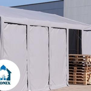 Professzionális ipari raktársátor, tárolósátor 8 × 8 m – 64 m², 4,00 m oldalmagassággal, felhúzható kapuval, erős szürke PVC ponyvával és extra megerősített horganyzott acélszerkezettel