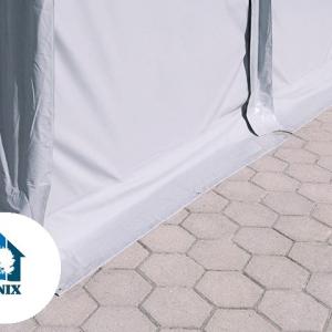 Professzionális ipari raktársátor, tárolósátor 8 × 8 m – 64 m², 4,00 m oldalmagassággal, felhúzható kapuval, erős szürke PVC ponyvával és extra megerősített horganyzott acélszerkezettel