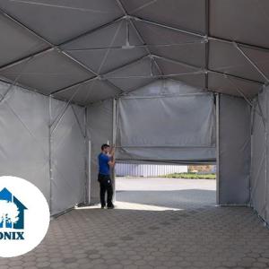 Professzionális ipari sátor 8x16m raktársátor 3,00m oldalmagasság, felhúzható kapuval ponyva PVC szürke