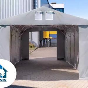 Professzionális ipari sátor raktársátor 8 × 12 m, 96 m² alapterülettel, 4,00 m oldalmagassággal, horganyzott acélvázzal, két standard cipzáras bejárattal, szürke PVC ponyvával