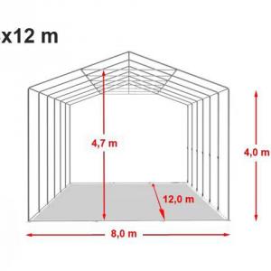 Professzionális ipari sátor raktársátor 8 × 12 m, 96 m² alapterülettel, 4,00 m oldalmagassággal, horganyzott acélvázzal, két standard cipzáras bejárattal, szürke PVC ponyvával
