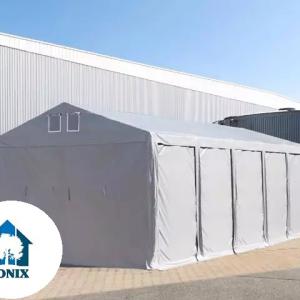 Professzionális ipari sátor raktársátor 8 × 12 m, 96 m² alapterülettel, 4,00 m oldalmagassággal, két standard cipzáras bejárattal, szürke PVC ponyvával