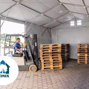 Professzionális ipari sátor raktársátor 8 × 12 m, 96 m² alapterülettel, 4,00 m oldalmagassággal, két standard cipzáras bejárattal, szürke PVC ponyvával