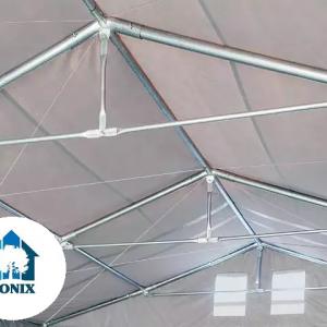 Professzionális ipari sátor raktársátor 8 × 12 m, 96 m² alapterülettel, 4,00 m oldalmagassággal, két standard cipzáras bejárattal, szürke PVC ponyvával