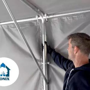 Professzionális ipari sátor raktársátor 8 × 12 m, 96 m² alapterülettel, 4,00 m oldalmagassággal, két standard cipzáras bejárattal, szürke PVC ponyvával