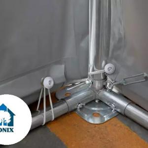 Professzionális ipari sátor raktársátor 8 × 12 m, 96 m² alapterülettel, 4,00 m oldalmagassággal, két standard cipzáras bejárattal, szürke PVC ponyvával
