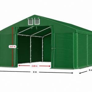 Professzionális ipari tárolósátor 4 × 6 m, 24 m², 2,00 m oldalmagassággal, 560 g/m² vízálló PVC ponyvával és horganyzott acélvázzal zöld