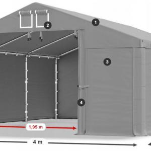 Professzionális ipari tárolósátor 4 × 6 m, 24 m², 2,00 m oldalmagassággal, 560 g/m² vízálló szürke PVC ponyvával és horganyzott acélvázzal