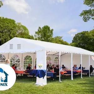 Professzionális lángálló rendezvénysátor 5 × 8 m, 40 m², fehér PVC ponyvával, 2,6 m oldalfalmagassággal, Ø 50 mm-es erősített horganyzott acélvázzal és padlókerettel