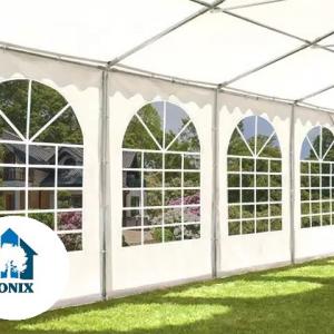 Professzionális lángálló rendezvénysátor 5 × 8 m, 40 m², fehér PVC ponyvával, 2,6 m oldalfalmagassággal, Ø 50 mm-es erősített horganyzott acélvázzal és padlókerettel
