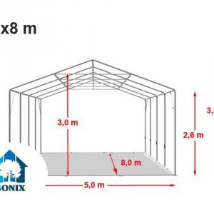 Professzionális lángálló rendezvénysátor 5 × 8 m, 40 m², fehér PVC ponyvával, 2,6 m oldalfalmagassággal, Ø 50 mm-es erősített horganyzott acélvázzal és padlókerettel