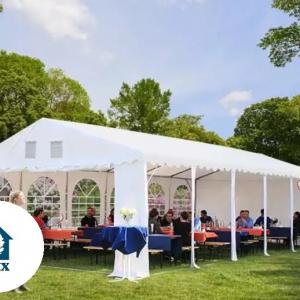 Professzionális lángálló rendezvénysátor 6 × 10 m, 60 m², fehér PVC ponyvával, 2,6 m oldalmagassággal, Ø 50 mm-es erősített horganyzott acélvázzal és padlókerettel