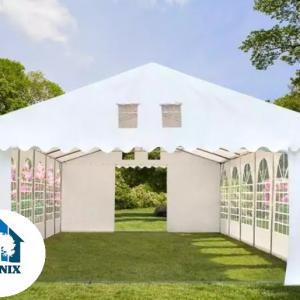 Professzionális lángálló rendezvénysátor 6 × 10 m, 60 m², fehér PVC ponyvával, 2,6 m oldalmagassággal, Ø 50 mm-es erősített horganyzott acélvázzal és padlókerettel