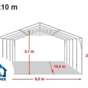 Professzionális lángálló rendezvénysátor 6 × 10 m, 60 m², fehér PVC ponyvával, 2,6 m oldalmagassággal, Ø 50 mm-es erősített horganyzott acélvázzal és padlókerettel