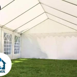 Professzionális lángálló rendezvénysátor, partisátor 3 × 6 m, 18 m², fehér PVC ponyvával,  teljesen horganyzott acélszerkezettel