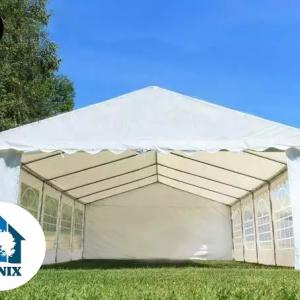 Professzionális lángálló rendezvénysátor, partisátor 6 × 14 m, 84 m², extra erős fehér PVC ponyvával,  teljesen horganyzott acélszerkezettel