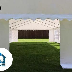 Professzionális lángálló rendezvénysátor, partisátor 6 × 14 m, 84 m², extra erős fehér PVC ponyvával,  teljesen horganyzott acélszerkezettel