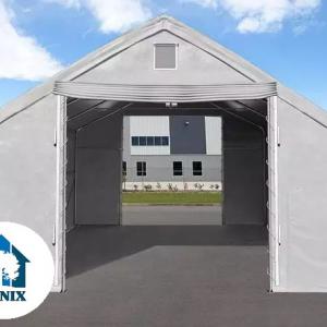 Professzionális ponyva csarnok raktársátor 8x12 m  kapu 4x3,4 m ponyva lángálló PVC  szürke statikai csomaggal