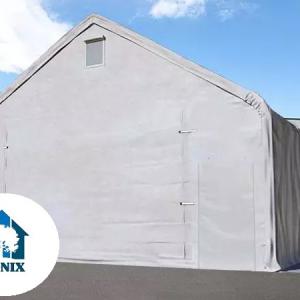 Professzionális ponyva csarnok raktársátor 8x12 m  kapu 4x3,4 m ponyva lángálló PVC  szürke statikai csomaggal