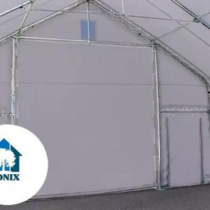 Professzionális ponyva csarnok raktársátor 8x12 m  kapu 4x3,4 m ponyva lángálló PVC  szürke statikai csomaggal