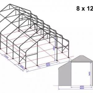 Professzionális ponyva csarnok raktársátor 8x12 m  kapu 4x3,4 m ponyva lángálló PVC  szürke statikai csomaggal