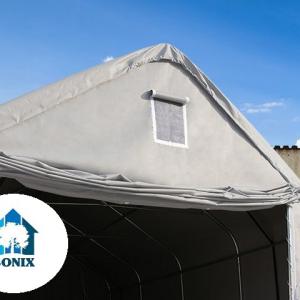 Professzionális ponyva csarnok raktársátor 8x12 m  kapu 4x3,4 m ponyva lángálló PVC  szürke statikai csomaggal
