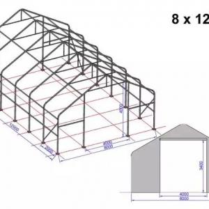 Professzionális ponyva csarnok raktársátor 8x12 m  kapu 4x3,4 m ponyva tűzálló PVC  szürke statikai csomaggal