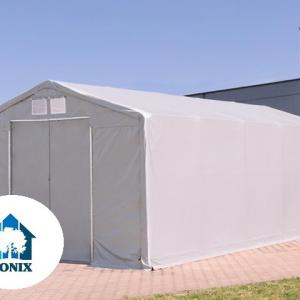 Professzionális ponyva csarnok raktársátor 8x16m oldalmagasság 4,00m tolóajtóval, ponyva lángálló ponyva  szürke (128m2)
