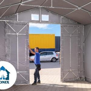 Professzionális ponyva csarnok raktársátor 8x16m oldalmagasság 4,00m tolóajtóval, ponyva lángálló ponyva  szürke (128m2)