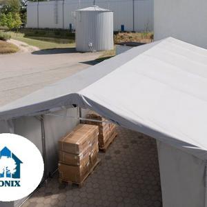 Professzionális ponyva csarnok raktársátor 8x16m oldalmagasság 4,00m tolóajtóval, ponyva lángálló ponyva  szürke (128m2)