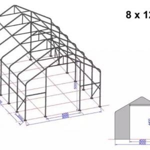 Professzionális ponyva csarnok raktársátor, ipari sátor  8x12m bejárat mérete 4x4,4 m  ponyva tűzálló PVC statikai megerősítéssel