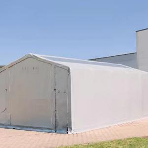 Professzionális ponyva csarnok  raktársátor, ipari sátor  8x16m oldalmagasság 4,00m felhúzható kapuval, tetőablakkal, ponyva lángálló  PVC szürke