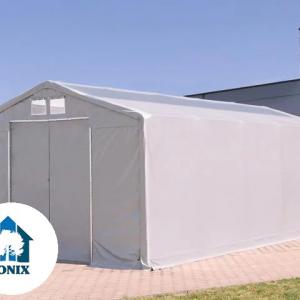 Professzionális ponyva csarnok raktársátor,ipari sátor 8x16m  oldalmagasság 4,00m  tolóajtóval és tetőablakkal  ponyva PVC  szürke (128m2)