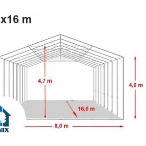 Professzionális ponyva csarnok raktársátor,ipari sátor 8x16m  oldalmagasság 4,00m  tolóajtóval és tetőablakkal  ponyva PVC  szürke (128m2)