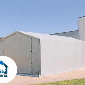 Professzionális ponyvacsarnok, ipari raktársátor 8 × 12 m – 96 m², 4,00 m oldalmagassággal, felhúzható kapuval, lángálló PRIMEtex PVC ponyvával és extra megerősített horganyzott acélszerkezettel