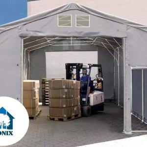 Professzionális ponyvacsarnok, ipari raktársátor 8 × 12 m – 96 m², 4,00 m oldalmagassággal, felhúzható kapuval, lángálló PRIMEtex PVC ponyvával és extra megerősített horganyzott acélszerkezettel