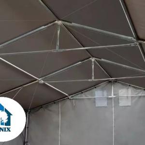 Professzionális ponyvacsarnok, ipari raktársátor 8 × 12 m – 96 m², 4,00 m oldalmagassággal, felhúzható kapuval, lángálló PRIMEtex PVC ponyvával és extra megerősített horganyzott acélszerkezettel
