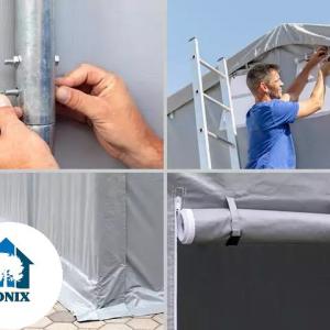 Professzionális ponyvacsarnok, ipari raktársátor 8 × 12 m – 96 m², 4,00 m oldalmagassággal, felhúzható kapuval, lángálló PRIMEtex PVC ponyvával és extra megerősített horganyzott acélszerkezettel