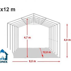 Professzionális ponyvacsarnok, ipari raktársátor 8 × 12 m – 96 m², 4,00 m oldalmagassággal, felhúzható kapuval, lángálló PRIMEtex PVC ponyvával és extra megerősített horganyzott acélszerkezettel