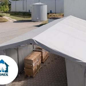 Professzionális ponyvacsarnok, ipari raktársátor 8 × 12 m – 96 m², 4,00 m oldalmagassággal, felhúzható kapuval, lángálló PRIMEtex PVC ponyvával és extra megerősített horganyzott acélszerkezettel