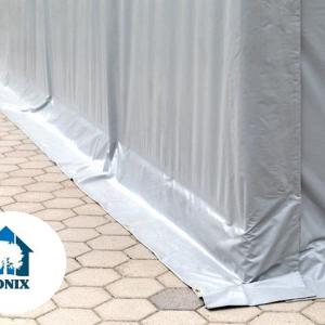 Professzionális ponyvacsarnok, ipari raktársátor 8 × 12 m – 96 m², 4,00 m oldalmagassággal, felhúzható kapuval, lángálló PRIMEtex PVC ponyvával és extra megerősített horganyzott acélszerkezettel