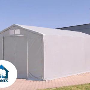 Professzionális ponyvacsarnok, ipari raktársátor 8 × 12 m – 96 m², 4,00 m oldalmagassággal, tolókapuval, erős szürke PVC ponyvával és megerősített horganyzott acélszerkezettel