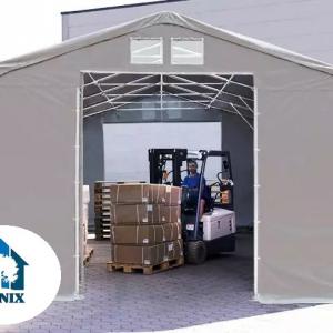 Professzionális ponyvacsarnok, ipari raktársátor 8 × 12 m – 96 m², 4,00 m oldalmagassággal, tolókapuval, erős szürke PVC ponyvával és megerősített horganyzott acélszerkezettel
